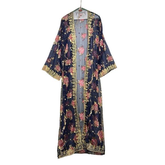 No Brand Dresses & Skirts - 2 Piece Indian Outfit Sheer Robe & Dress Blue and Gold Floral Embroidery Tunic